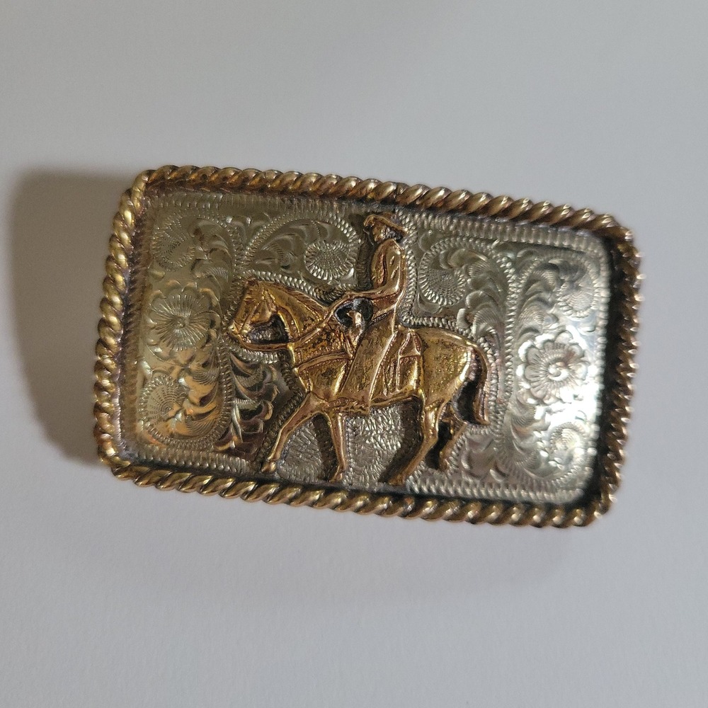 Vintage Alpaca Mexico Horse Rider Belt Buckle Silver Gold Tone 3x2 Westerncore
